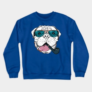 Hipster dog Bullmastiff breed in blue glassess with a pipe Crewneck Sweatshirt